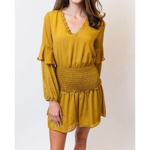 Moon River Tiered Ruched Ruffle Mustard Gold Mini Dress Women’s Medium